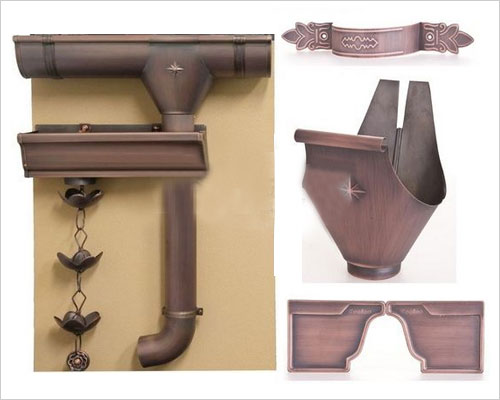 紫铜落水系统双曲线外观的檐沟增加了檐口的线条层次感,高贵华丽的紫铜材质优雅中透着华贵,搭配相应雨水管.